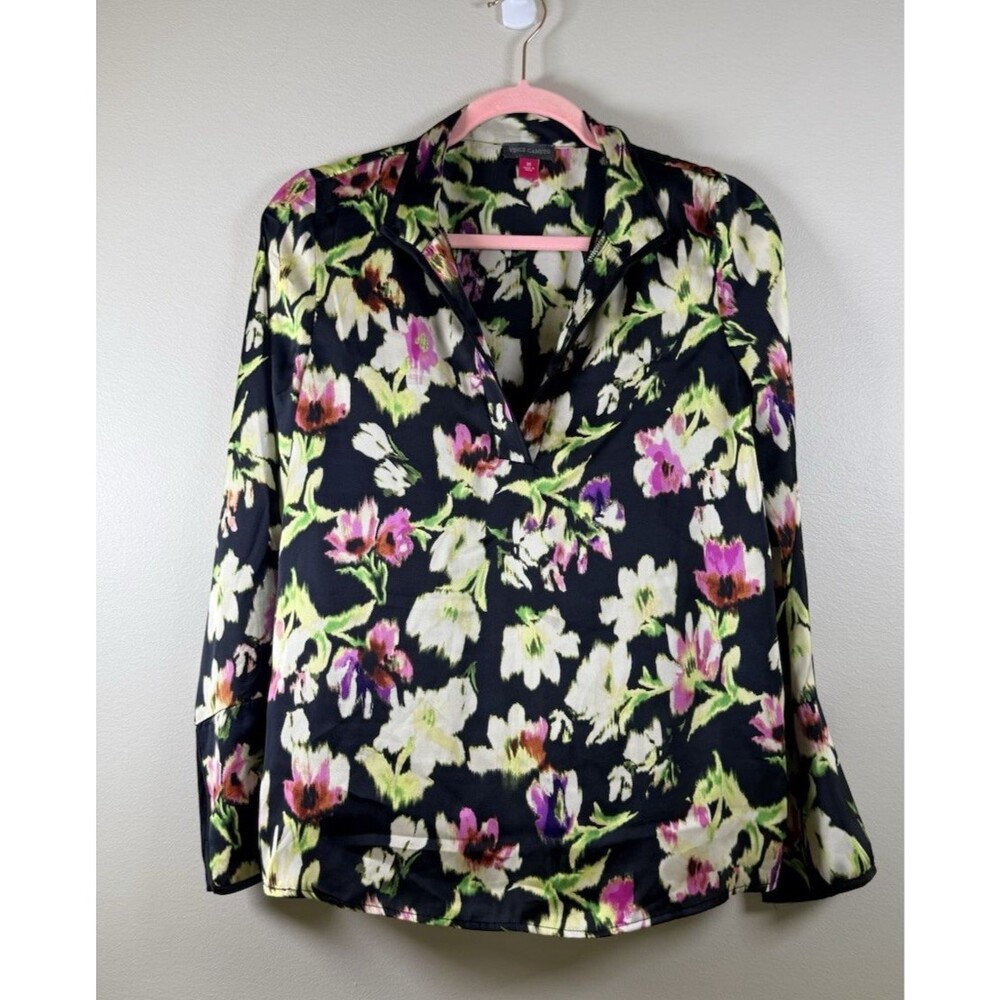 Vince Camuto Womens Black Multicolor Floral V-Neck Button Blouse - XS